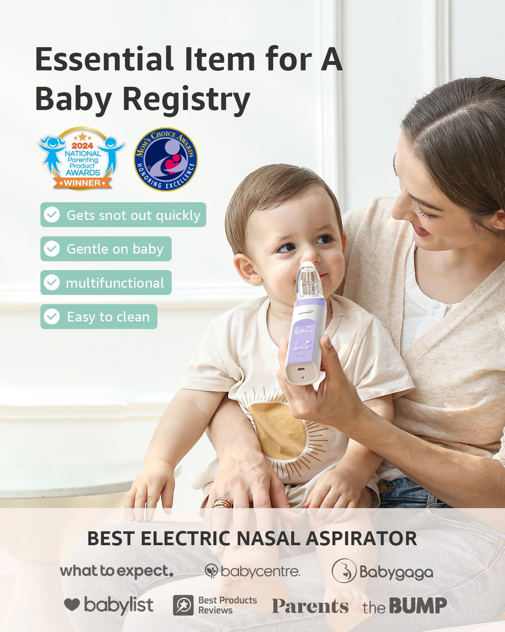 GROWNSY three soft silicone tips displayed to fit different baby nose sizes and ages