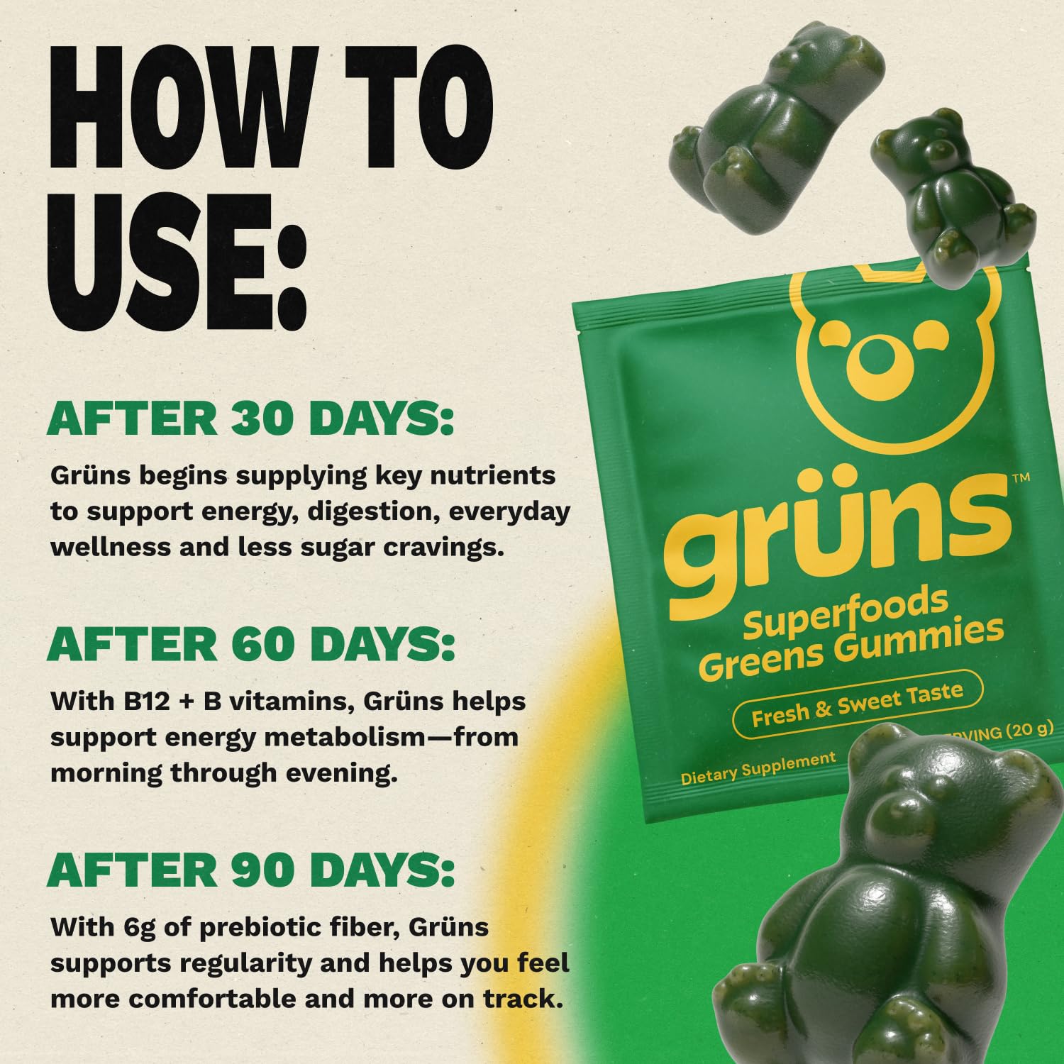 Grüns gummies beside fruits and vegetables emphasizing plant-based nutrients