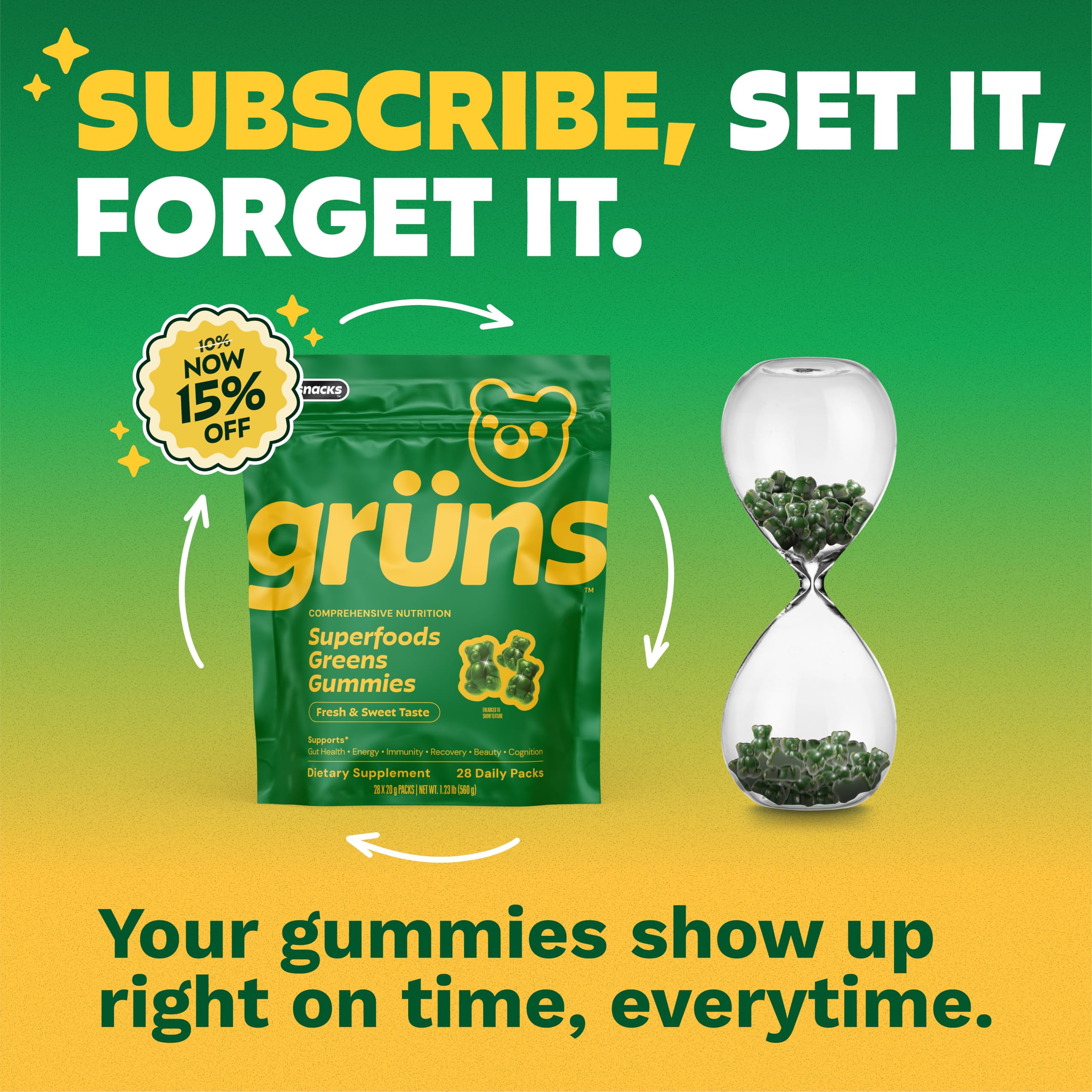 Close-up of Grüns gummy texture and color, shows chewable appeal