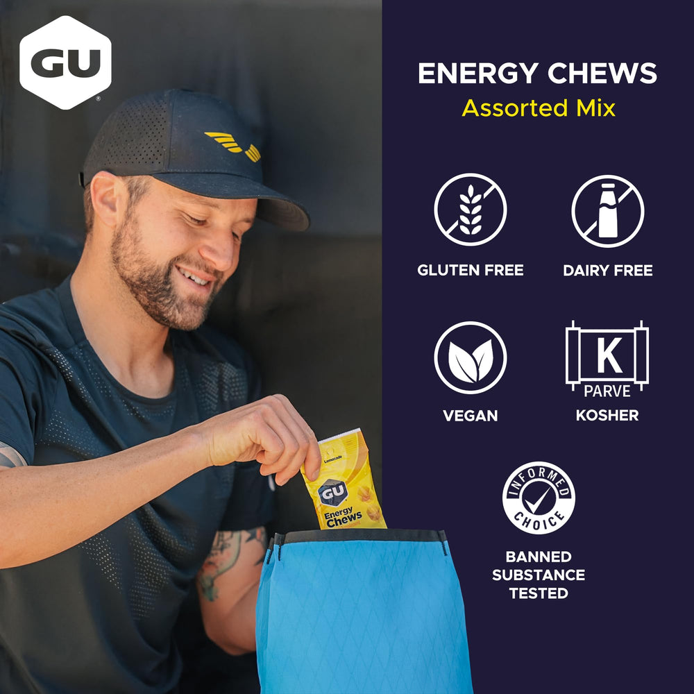 GU Energy single bag open with chews visible for quick fueling