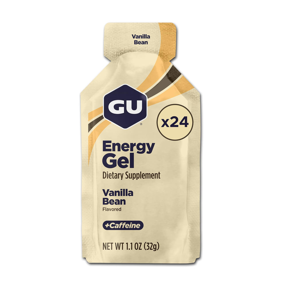 GU Energy Vanilla Bean front packaging showing 24 packets and convenience
