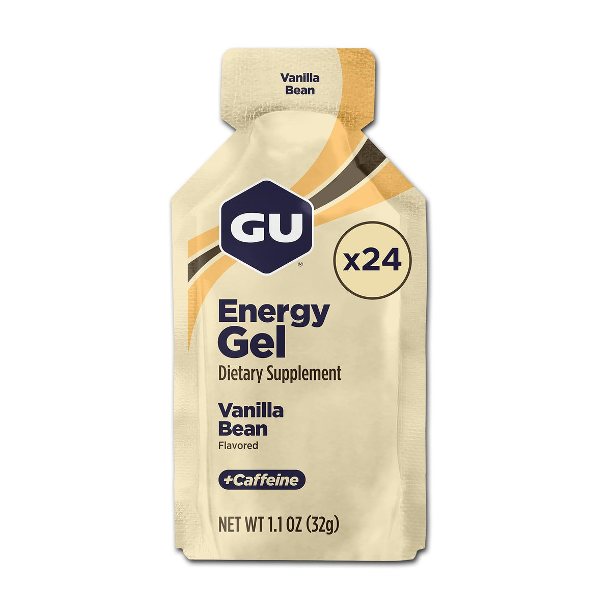 GU Energy Vanilla Bean front packaging showing 24 packets and convenience