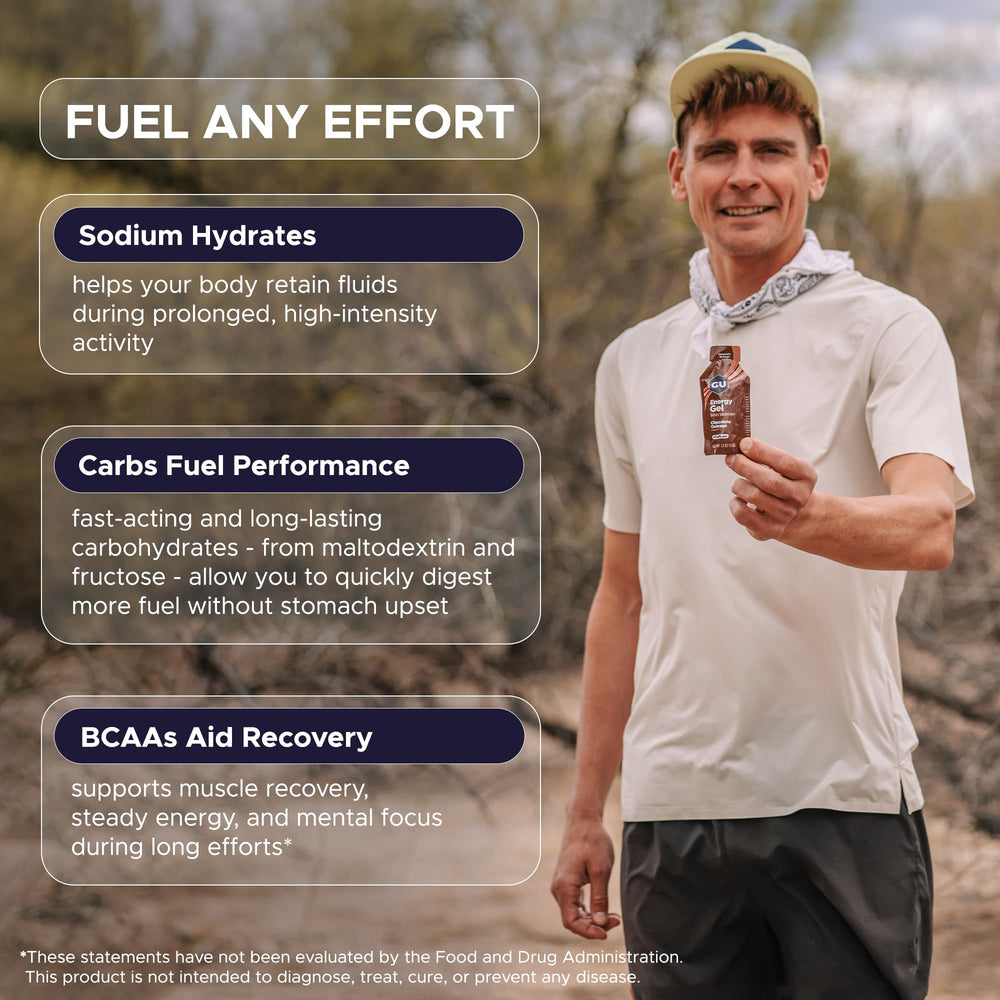 GU Energy Vanilla Bean packet in hiker hand demonstrating portable fuel on trail