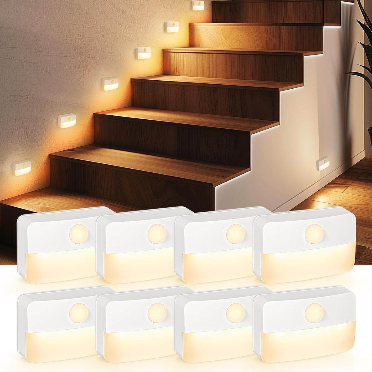 Guankai front view of eight motion sensor lights showing compact design and pack benefit