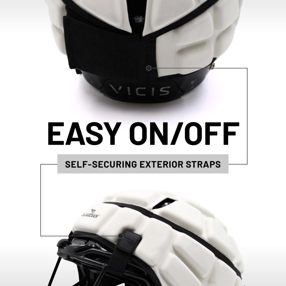 Guardian cap beside ruler for scale showing one-size fits many helmets benefit