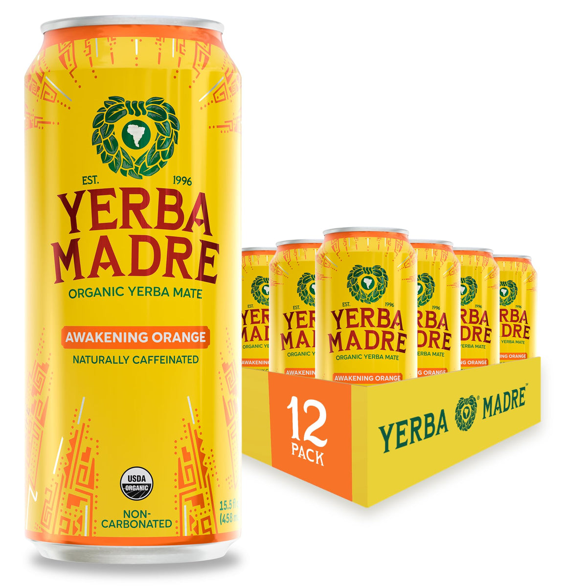Guayaki Yerba Madre front can showing orange label and refreshing appeal
