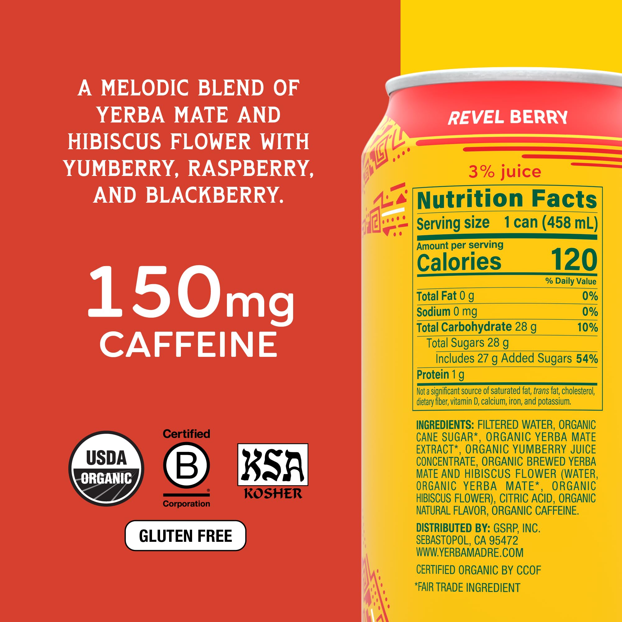 Guayaki Yerba Madre close-up of can label showing organic certifications and clean design