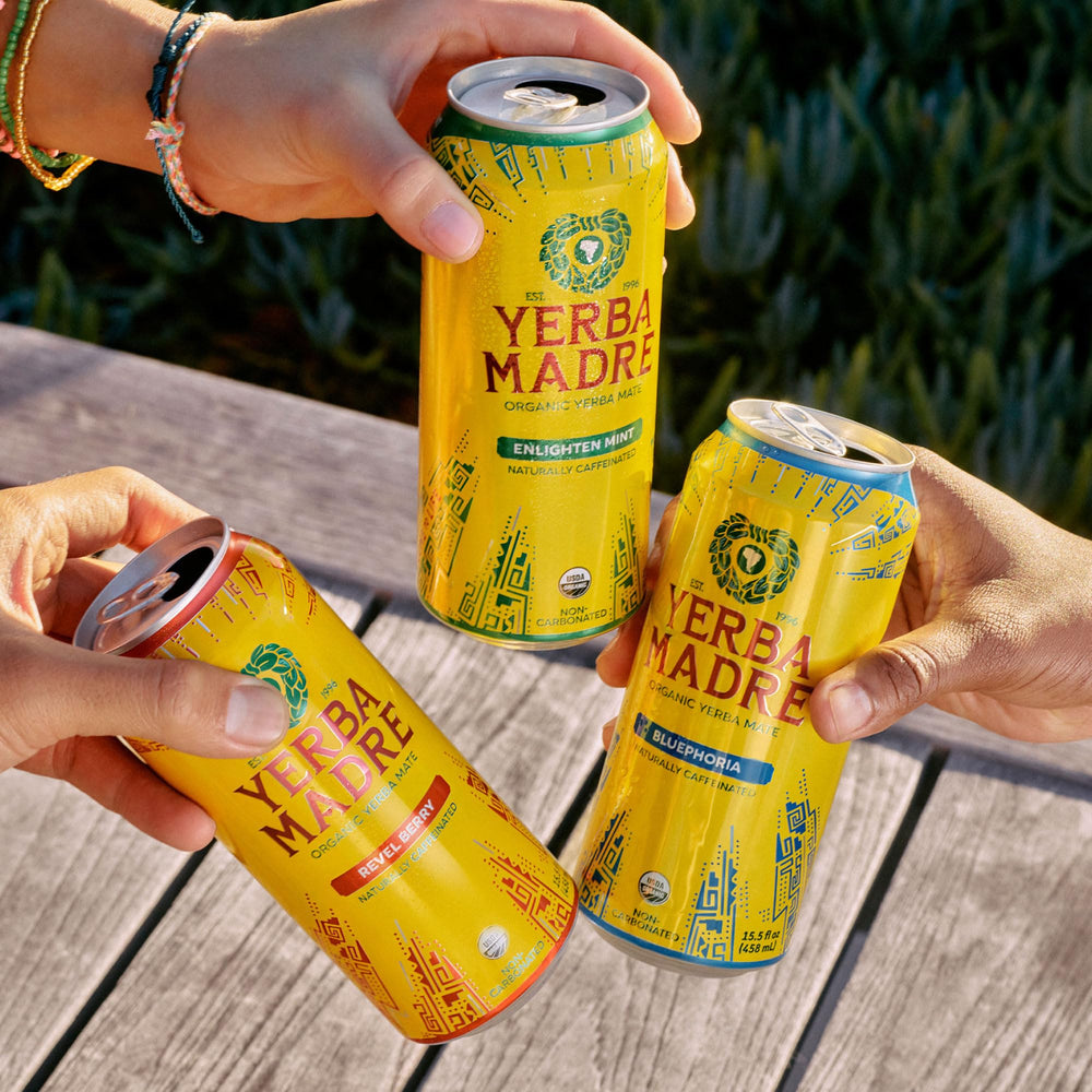 Guayaki Yerba Madre hand holding can showing true scale and on-the-go energy