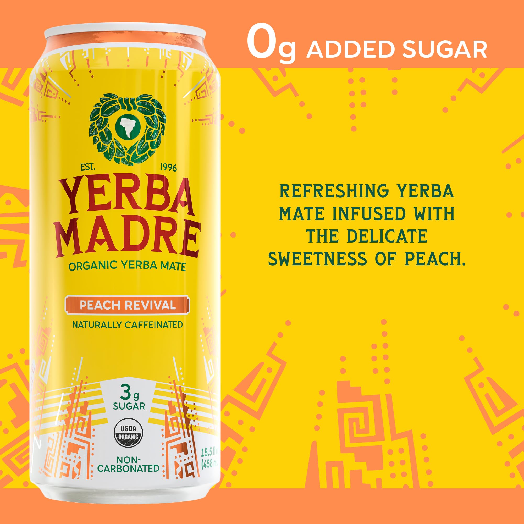 Guayaki Yerba Madre label close-up highlighting peach flavor and certification badges for trust