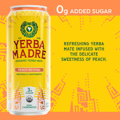 Guayaki Yerba Madre label close-up highlighting peach flavor and certification badges for trust