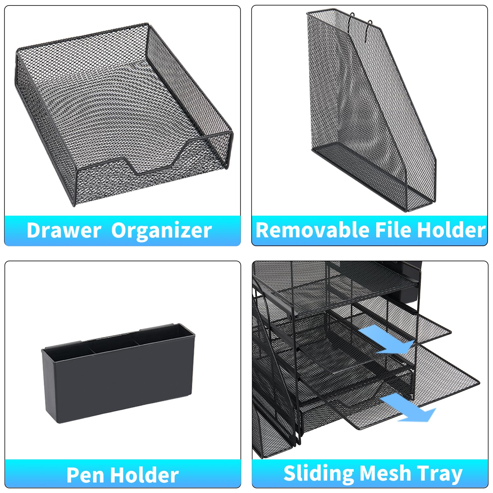 Gugsey sliding drawer open with office supplies organized for fast retrieval