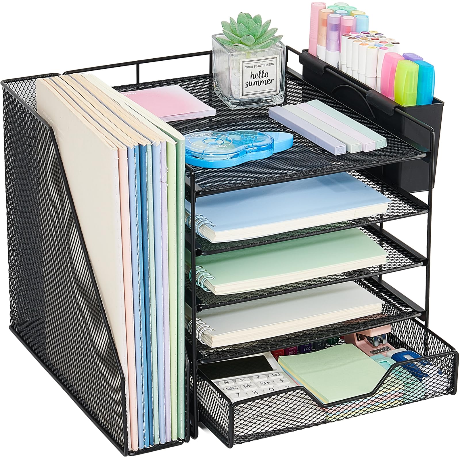 Gugsey front view of 5-tier organizer showing tidy stacked trays and neat storage benefit