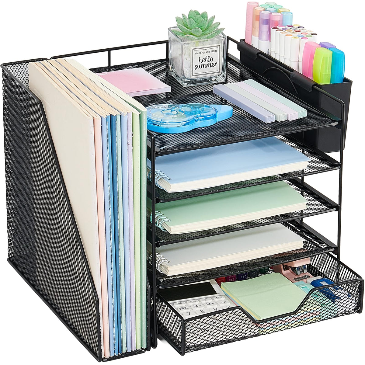 Gugsey front view of 5-tier organizer showing tidy stacked trays and neat storage benefit