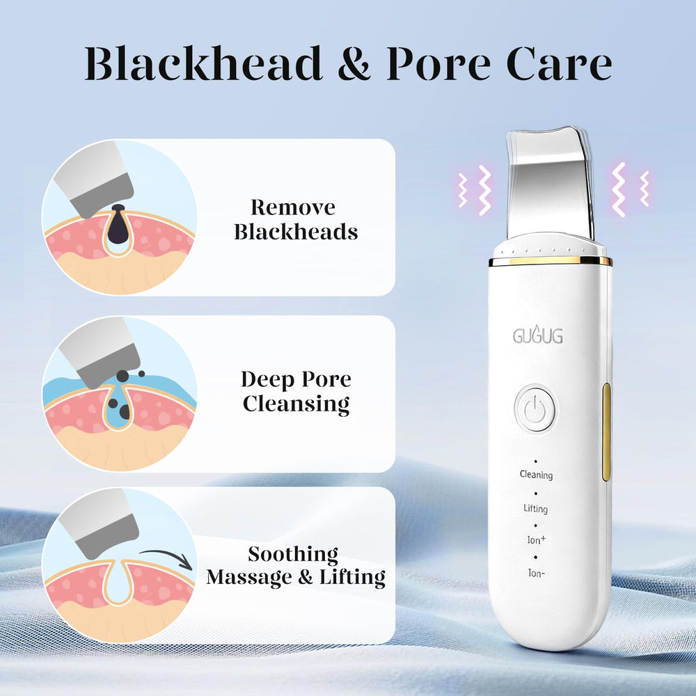 GUGUG spatula tip close-up showing ultrasonic edge for gentler pore lift