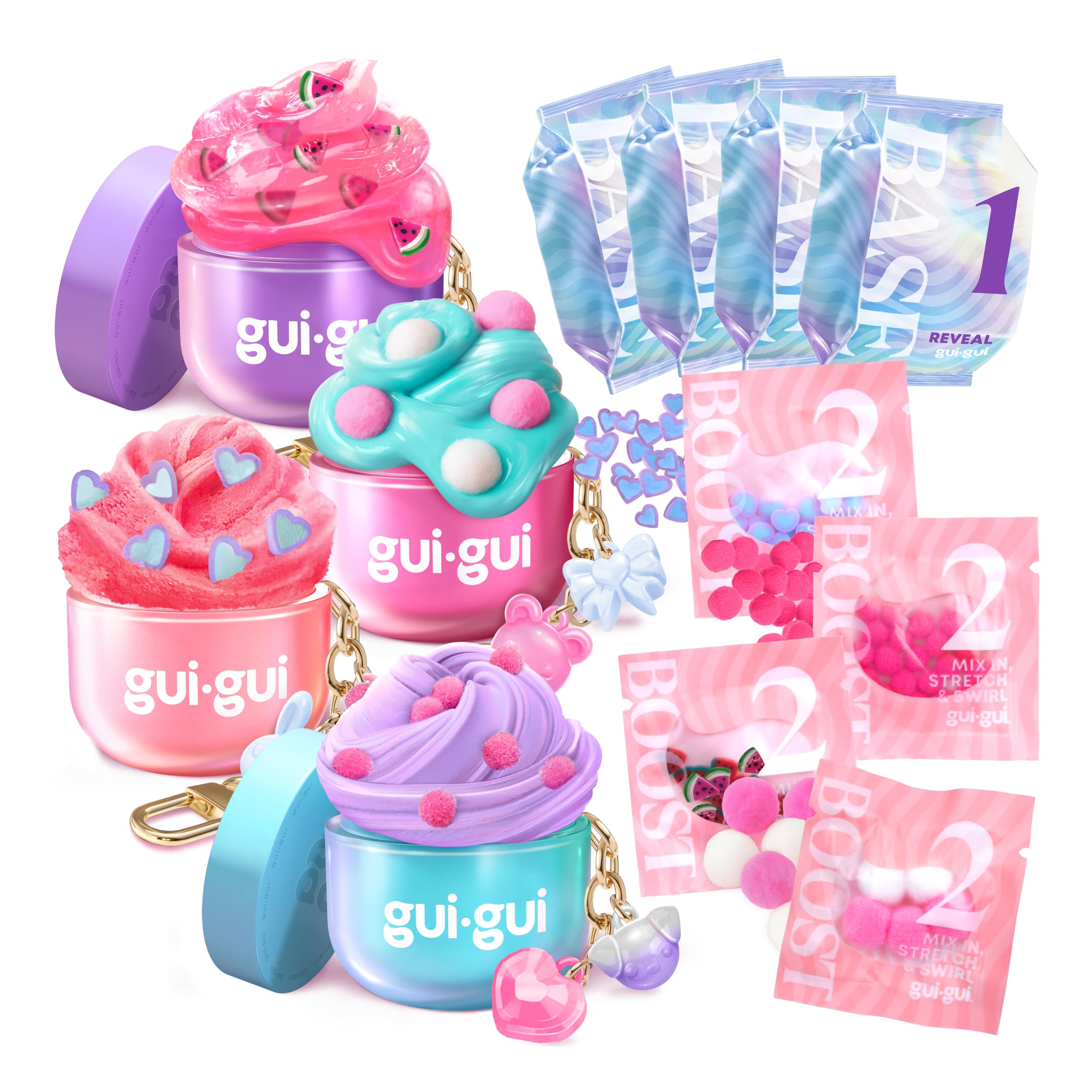 Gui Gui front packaging showing four collectible mini slimes and charms, portable fun