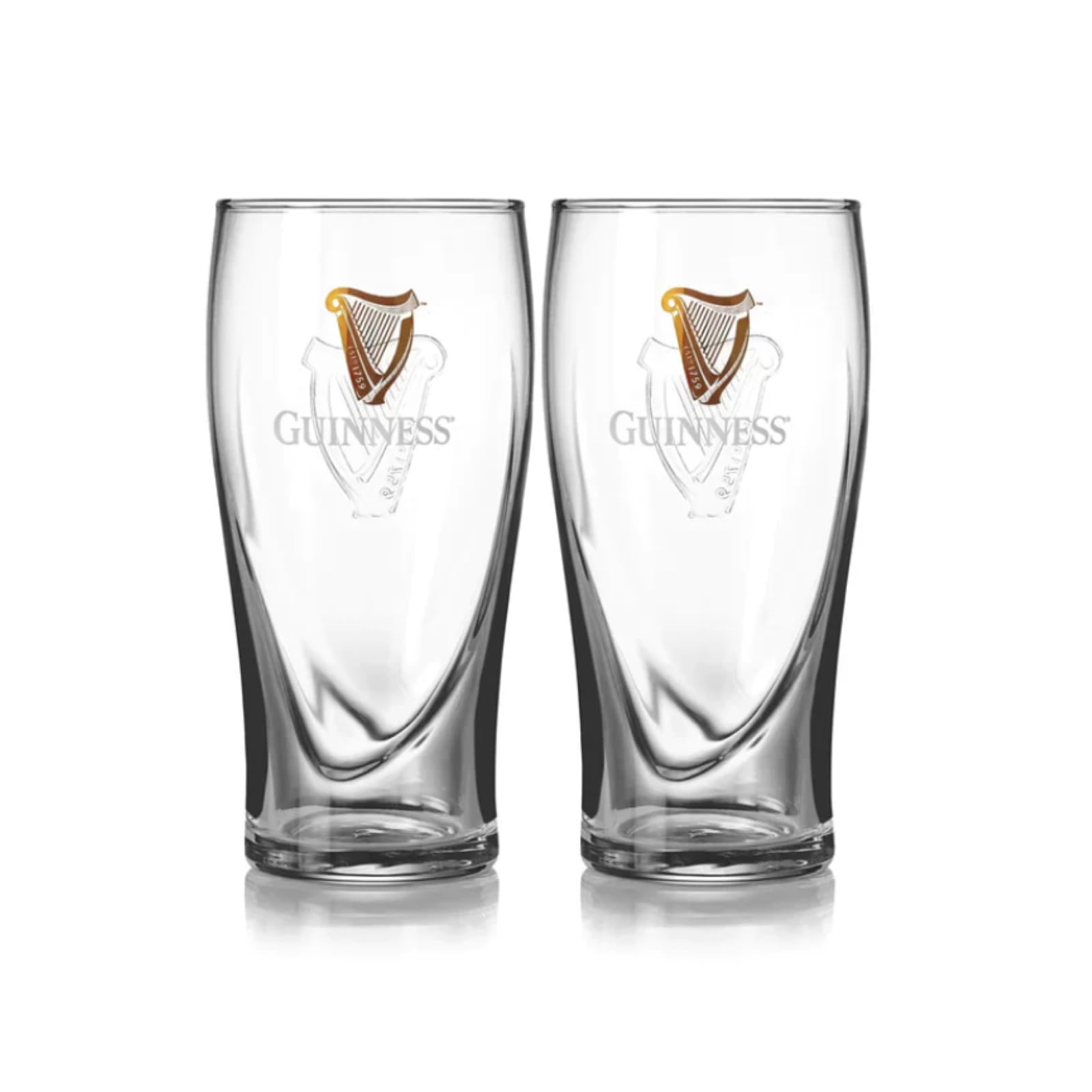 Guinness 20oz pint glasses front view showing classic design and pour benefit