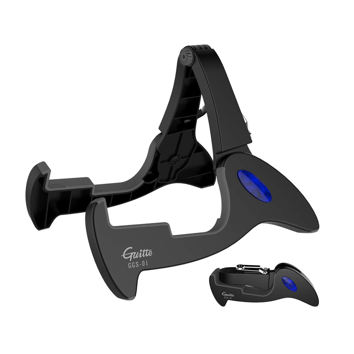 GUITTO front view of folded A-frame stand showing stable cradle and portability