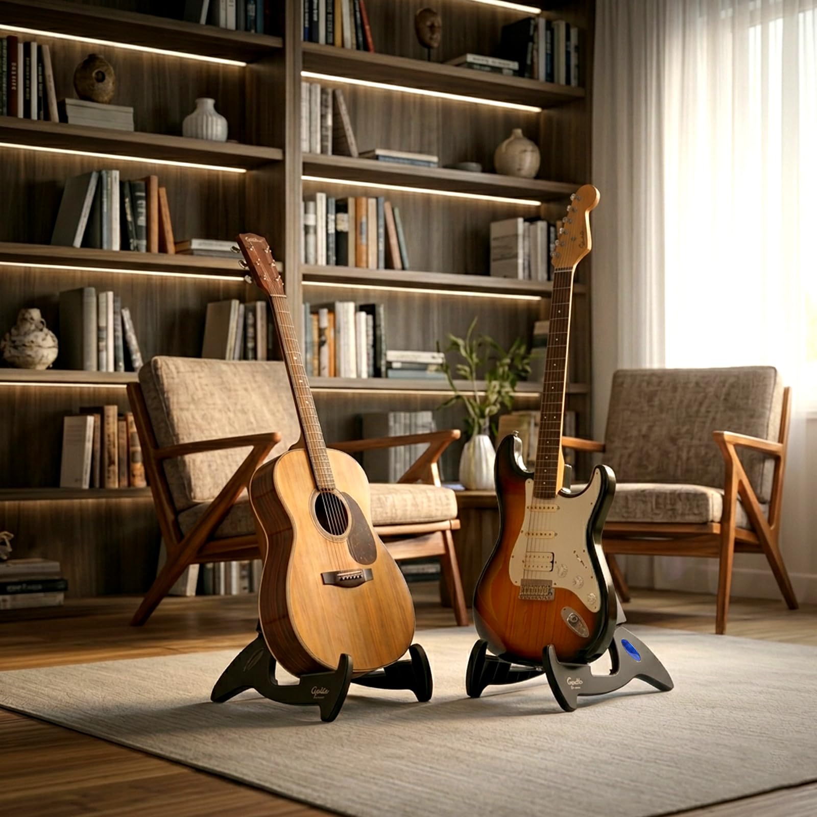 GUITTO folded stand next to a backpack highlighting lightweight convenience