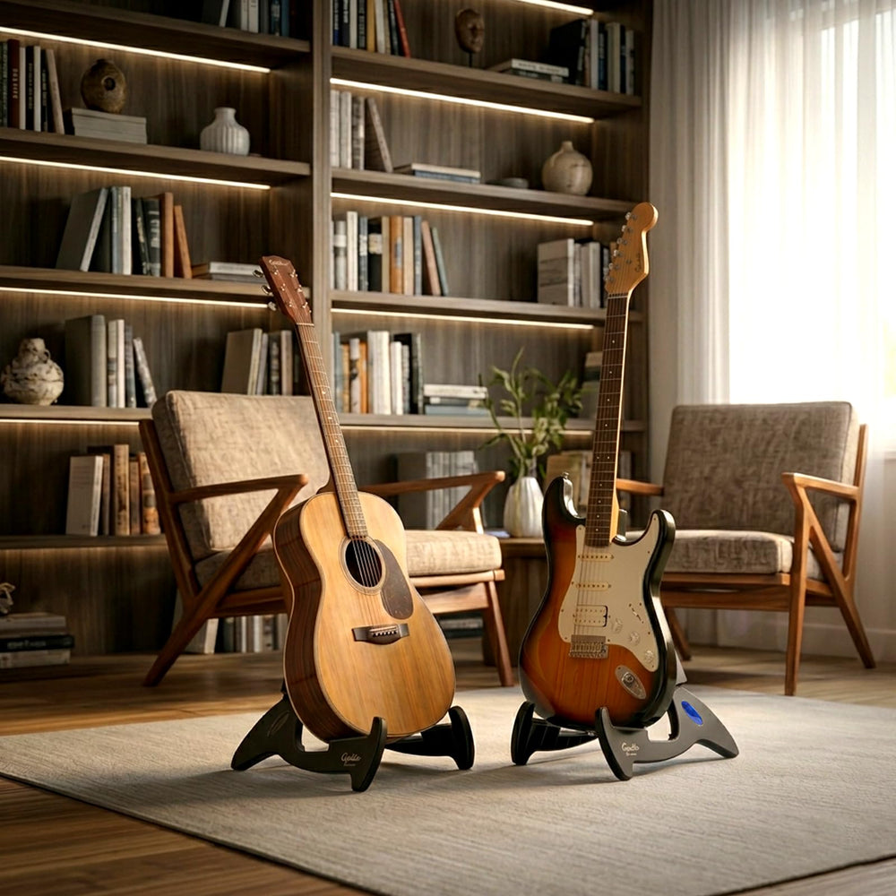 GUITTO folded stand next to a backpack highlighting lightweight convenience