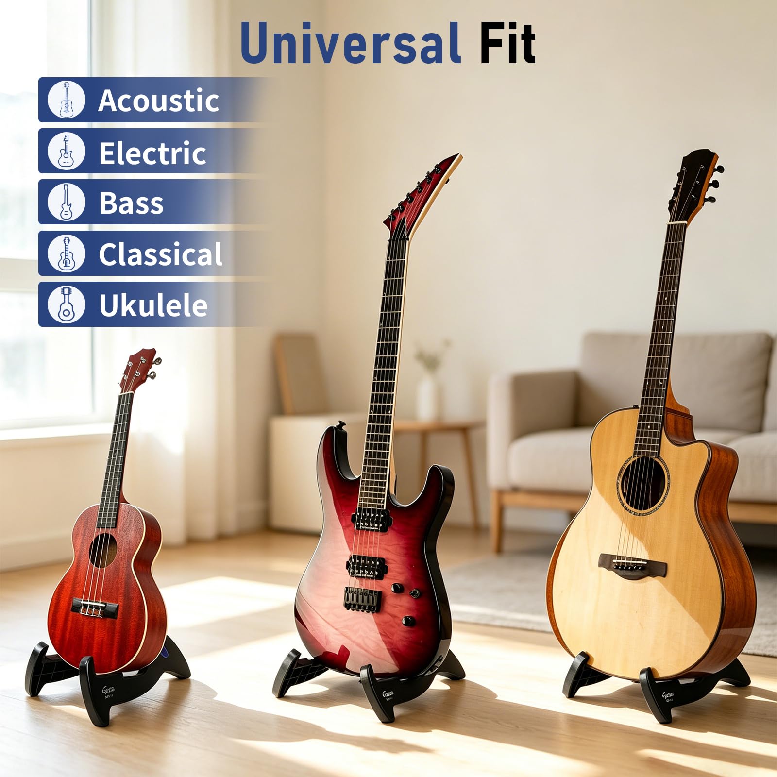 GUITTO stand holding an electric guitar showing adaptable arm positions