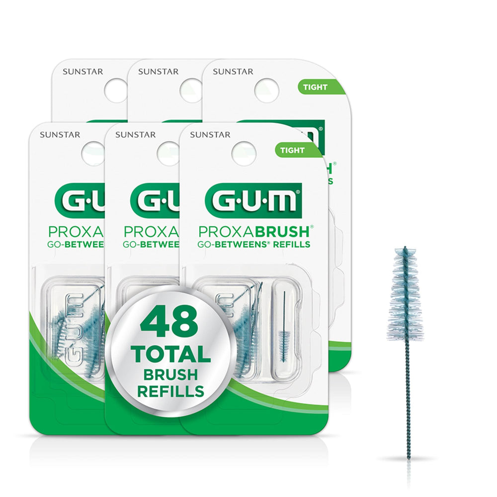 GUM front packaging of proxabrush tight refills shows contents and benefits
