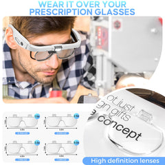 Person wearing GUOUBUO magnifier while crafting, demonstrating hands‑free detailed work benefit