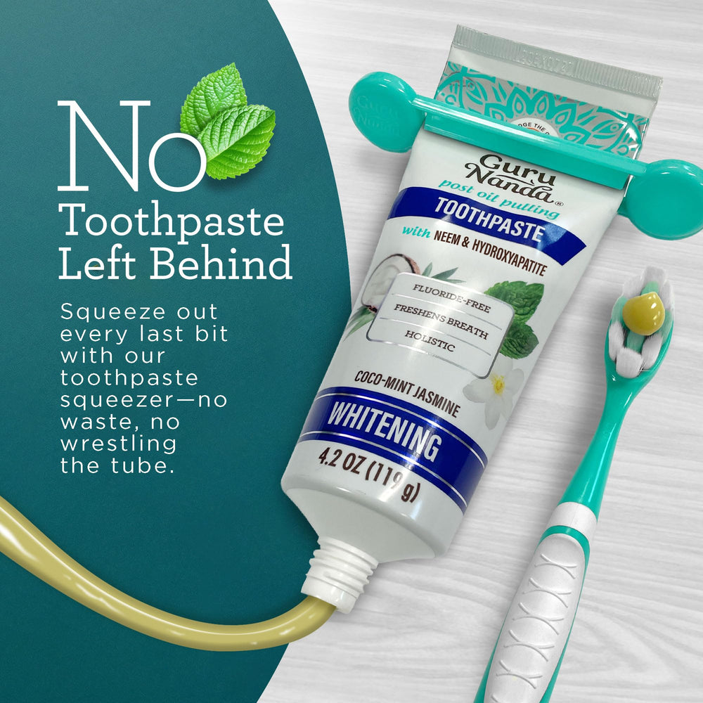 GuruNanda bathroom lifestyle brushing scene, portrays practical at-home oral care benefit