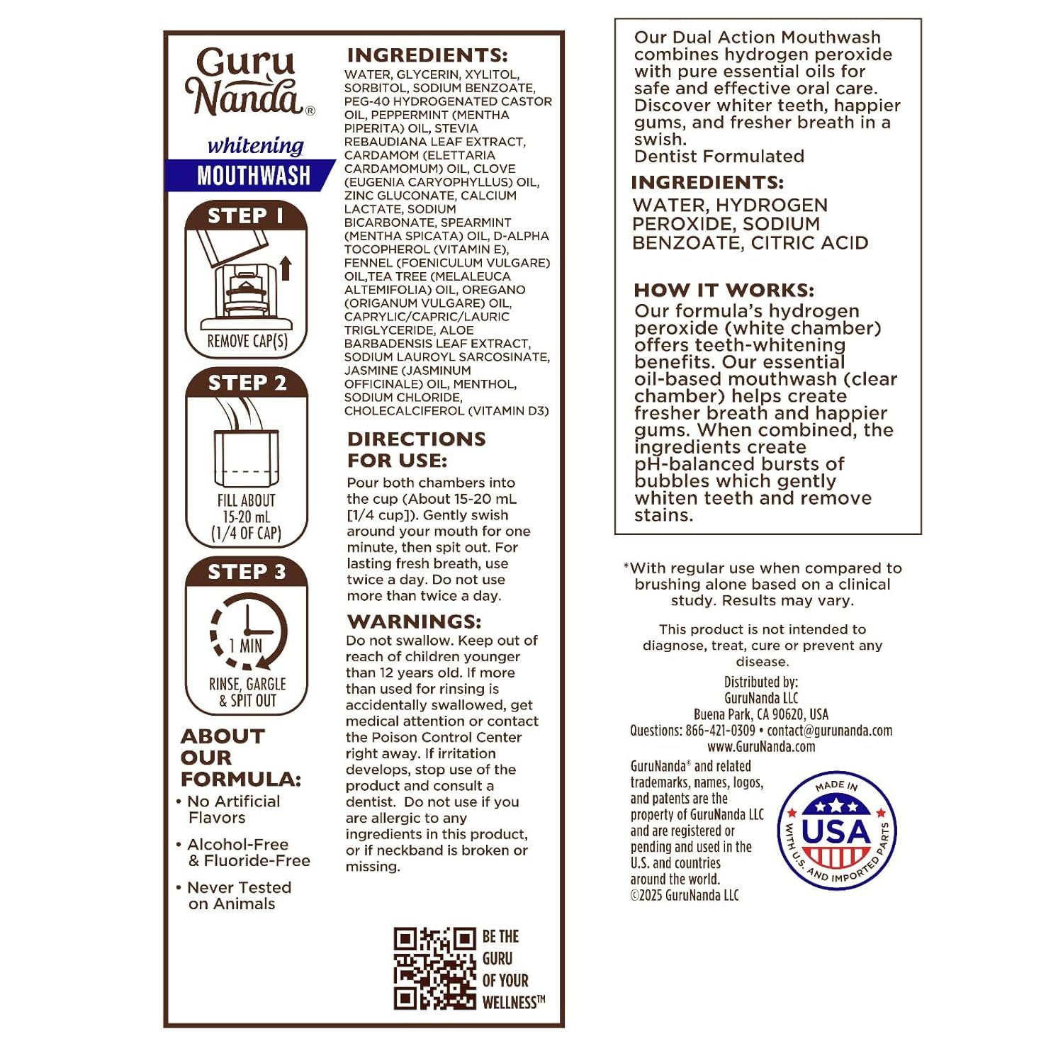 GuruNanda bottle back panel showing directions and ingredient transparency