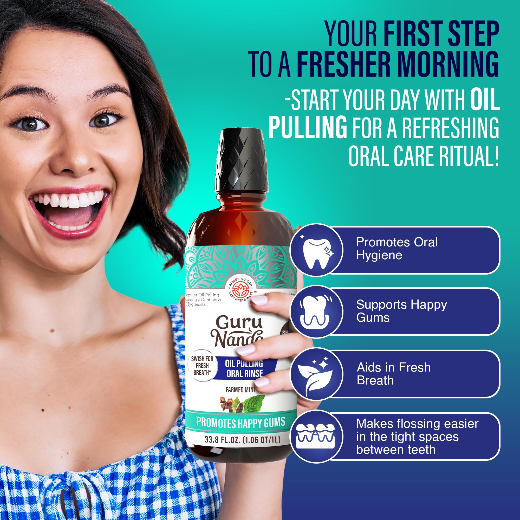 GuruNanda CocoMint bottle on bathroom sink as part of oral routine
