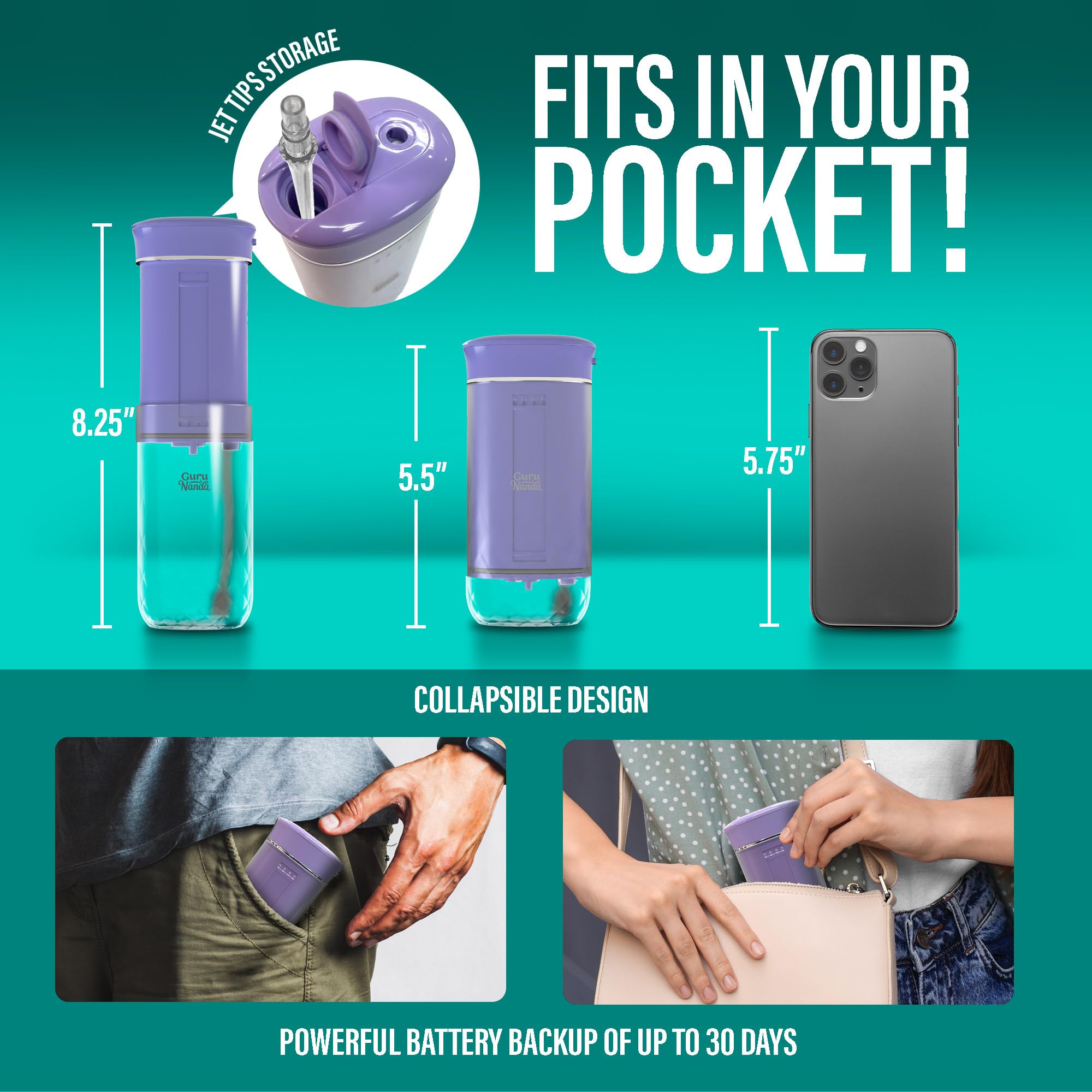 GuruNanda collapsible 180ml tank detail demonstrating easy packing and fast refills benefit