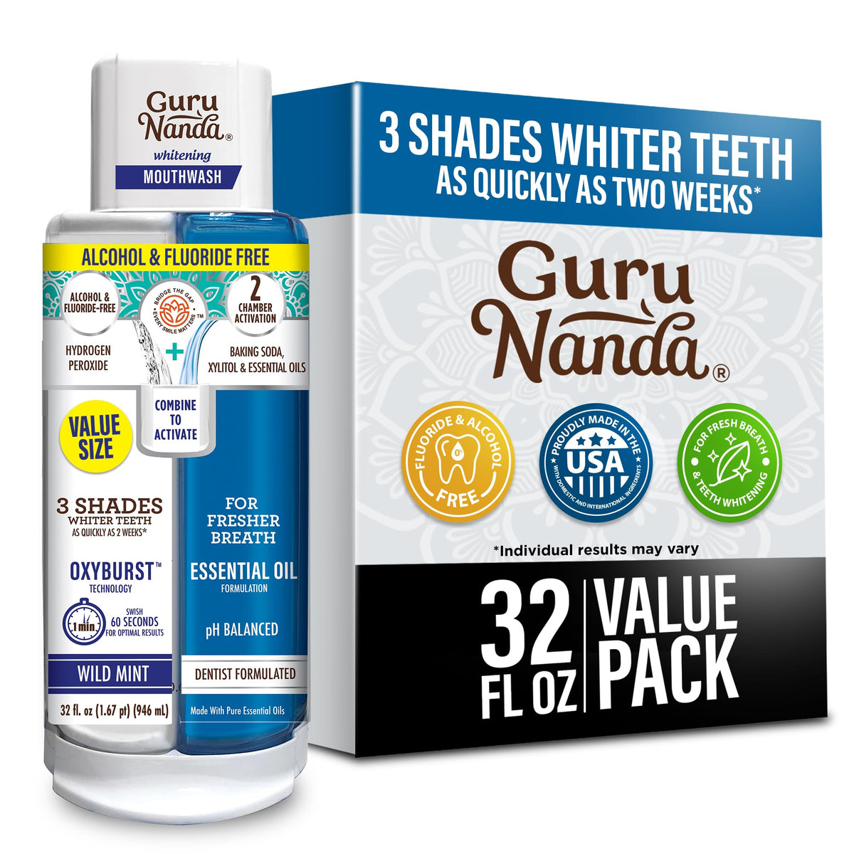 GuruNanda front packaging showing dual-barrel bottle and Wild Mint benefit