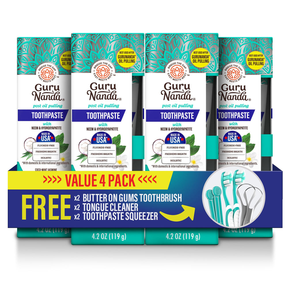 GuruNanda front packaging showing four tubes and accessories, highlights complete kit benefit