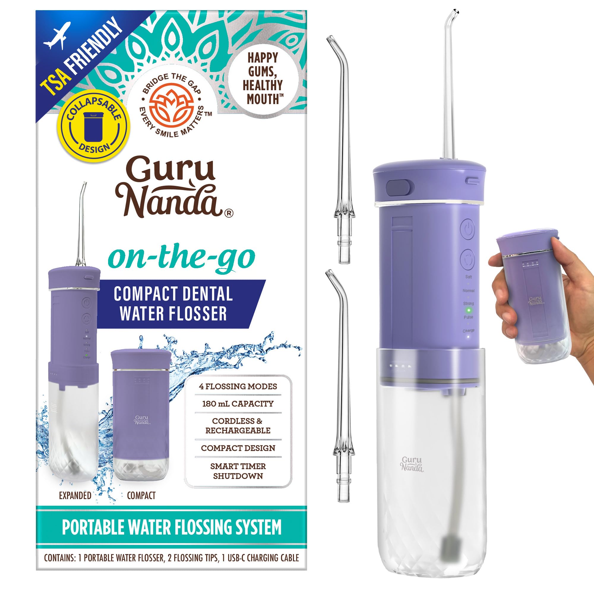 GuruNanda front view of portable water flosser showing compact design and portability benefits