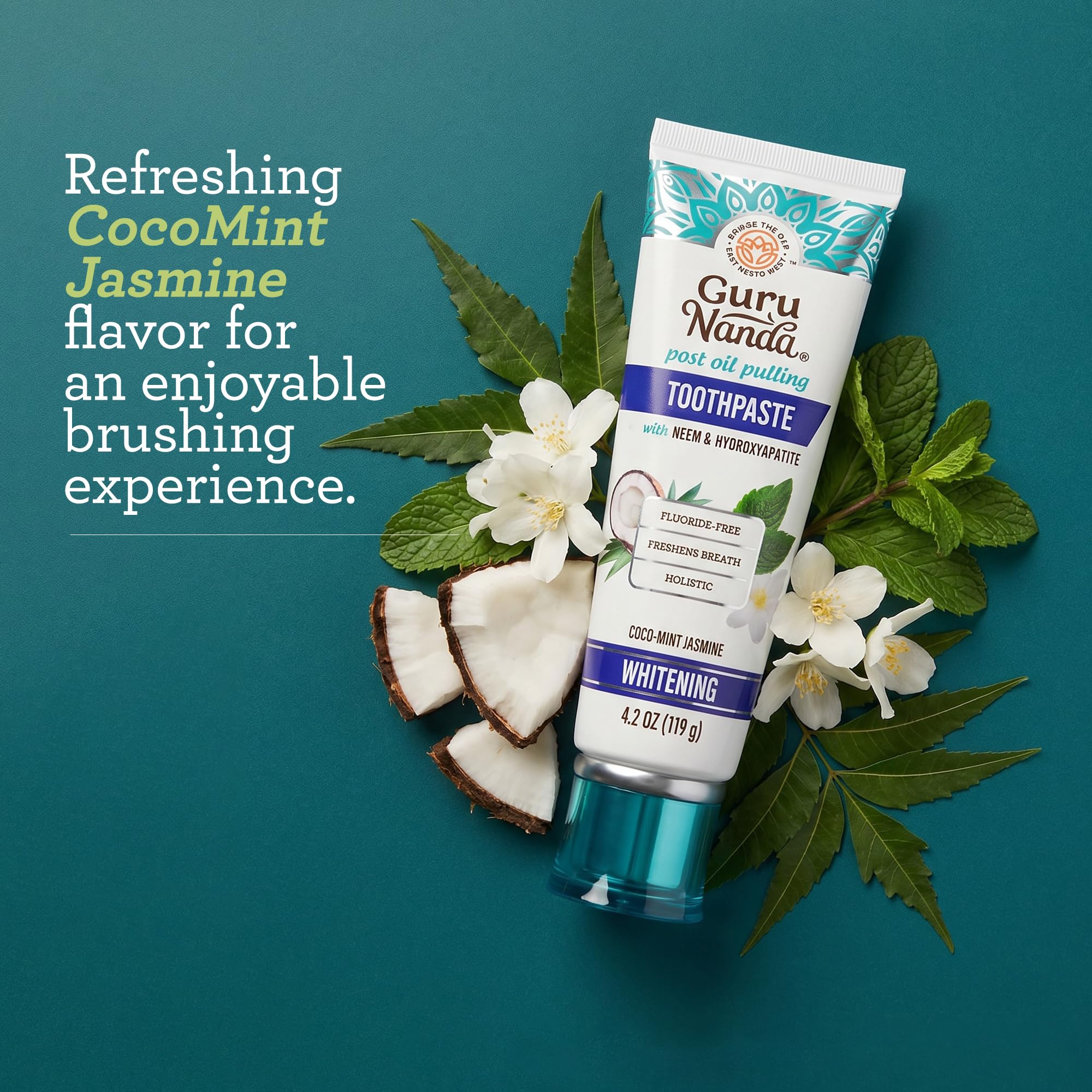 GuruNanda ingredient flatlay with neem and Celtic sea salt, emphasizes natural cleansing benefits
