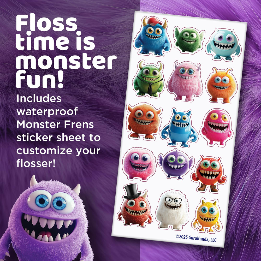 GuruNanda Monster Frens stickers on flosser showing fun personalization benefits