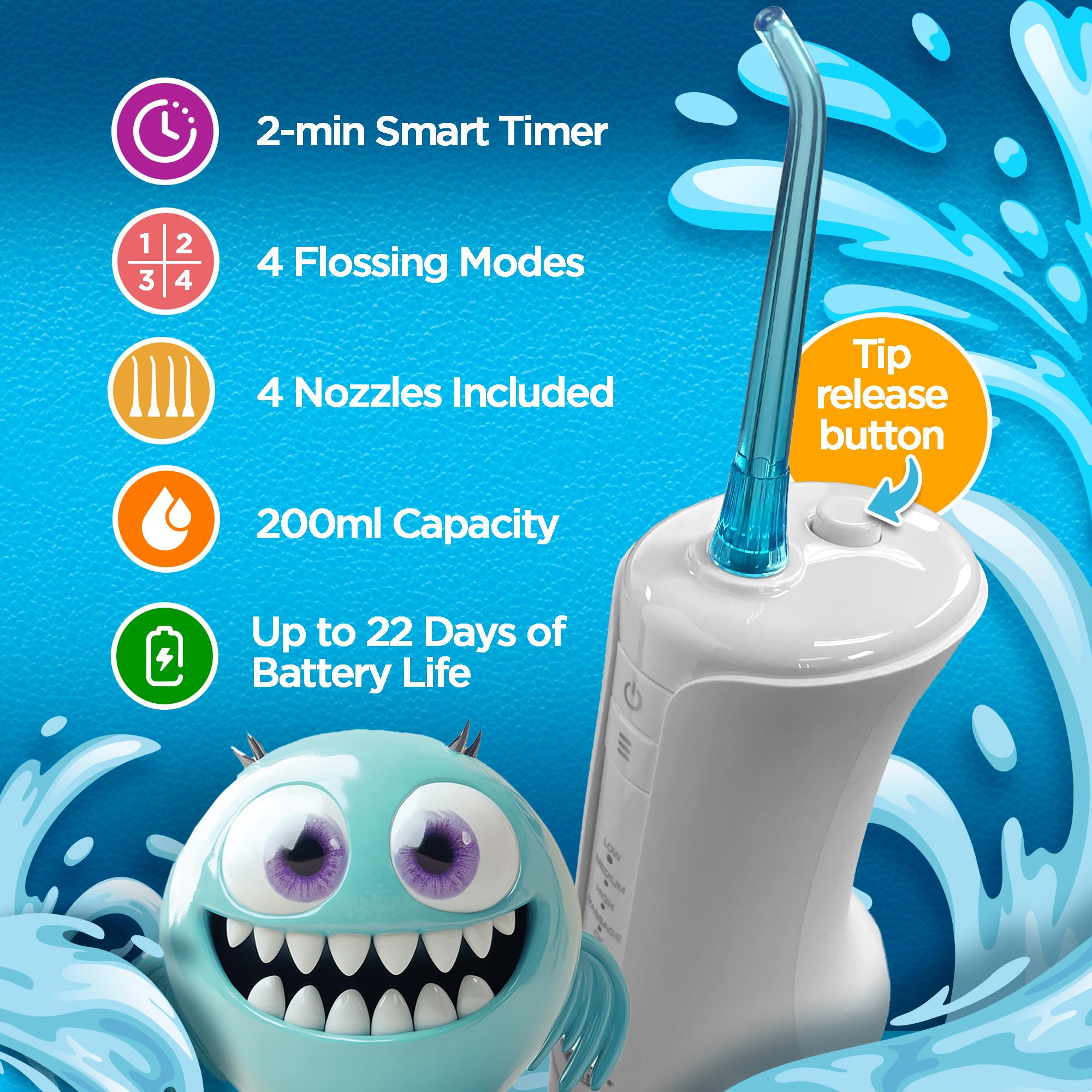 GuruNanda flosser 200ml tank detail showing refill capacity for continuous use