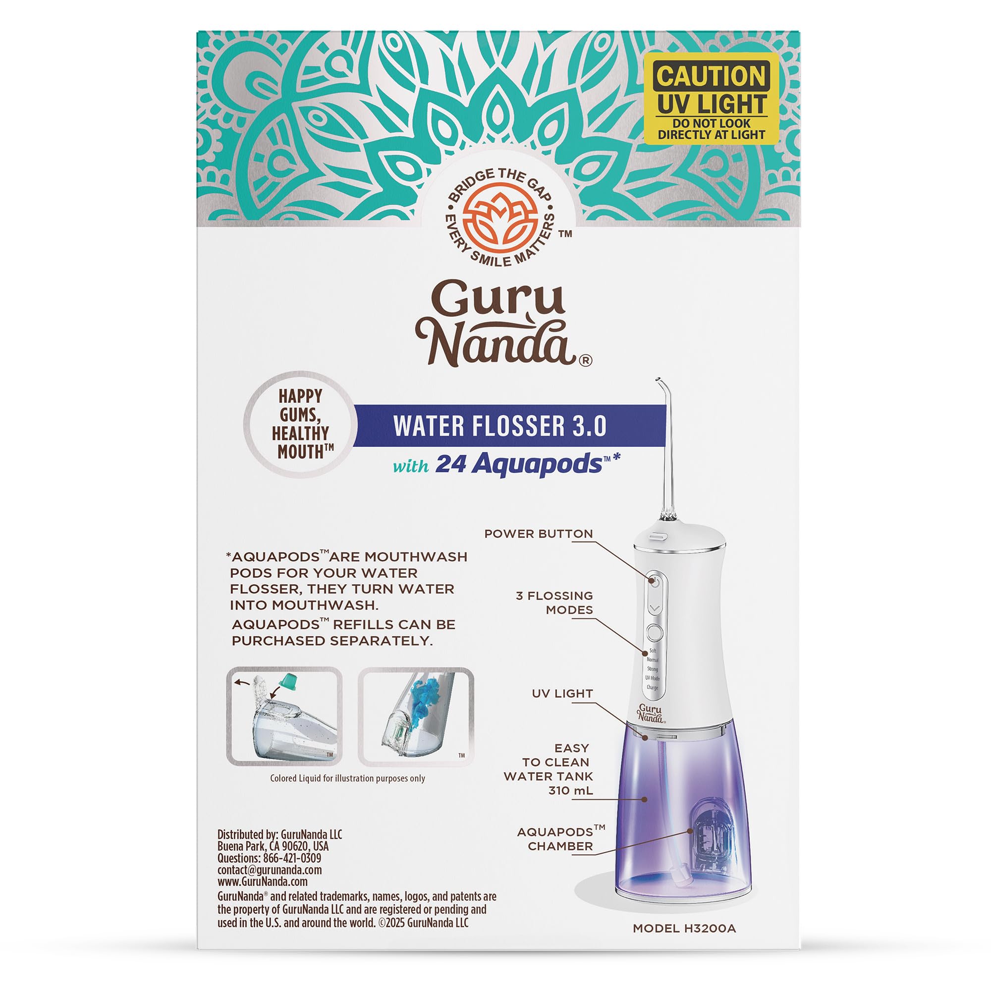 GuruNanda water flosser placed on bathroom counter in tidy lifestyle setting