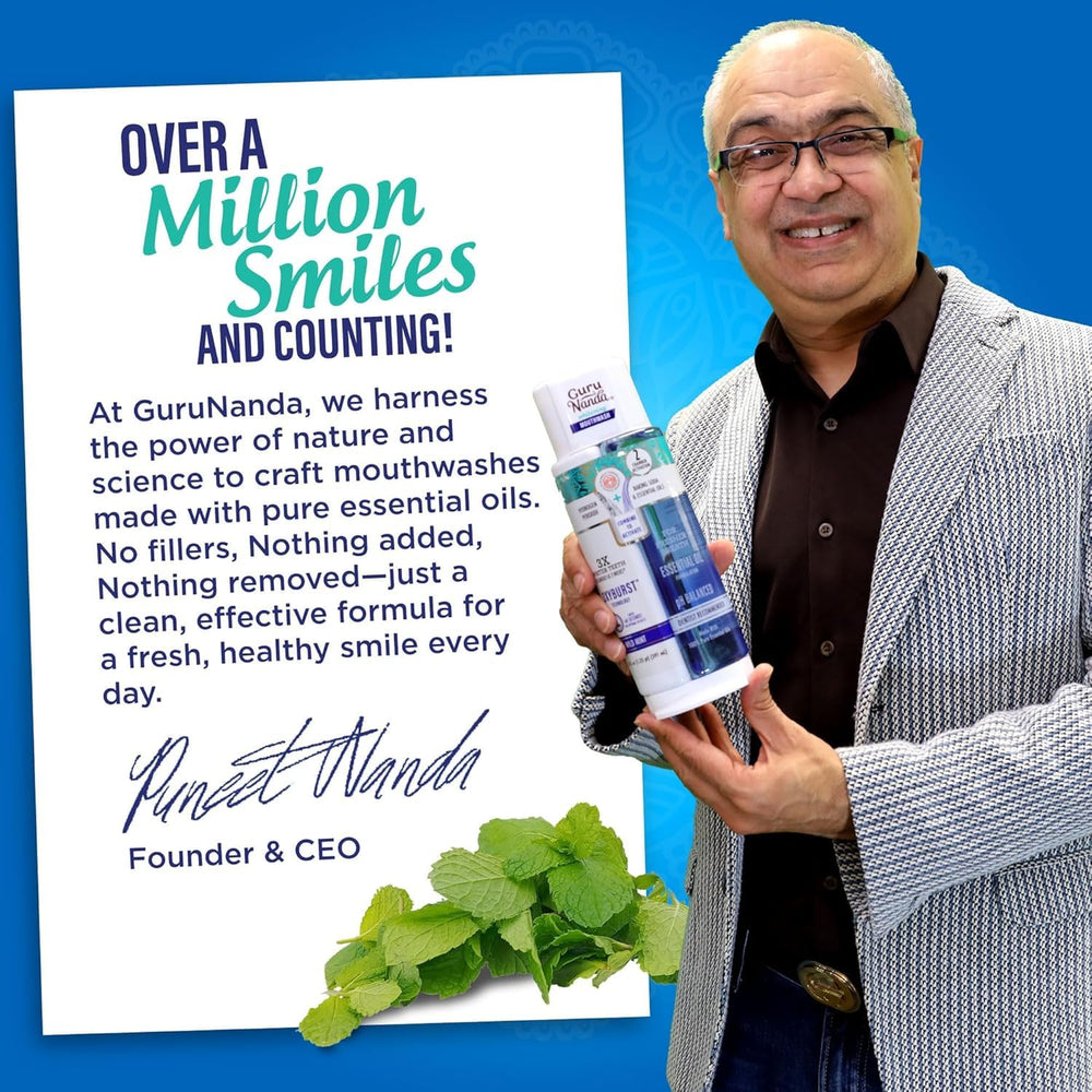 GuruNanda mouthwash in use demonstrating gentle rinsing and fresh breath