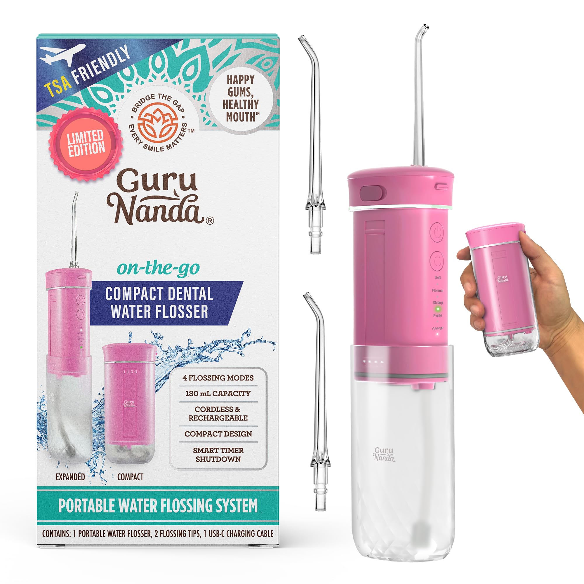 GuruNanda portable flosser front view showing compact design and benefits