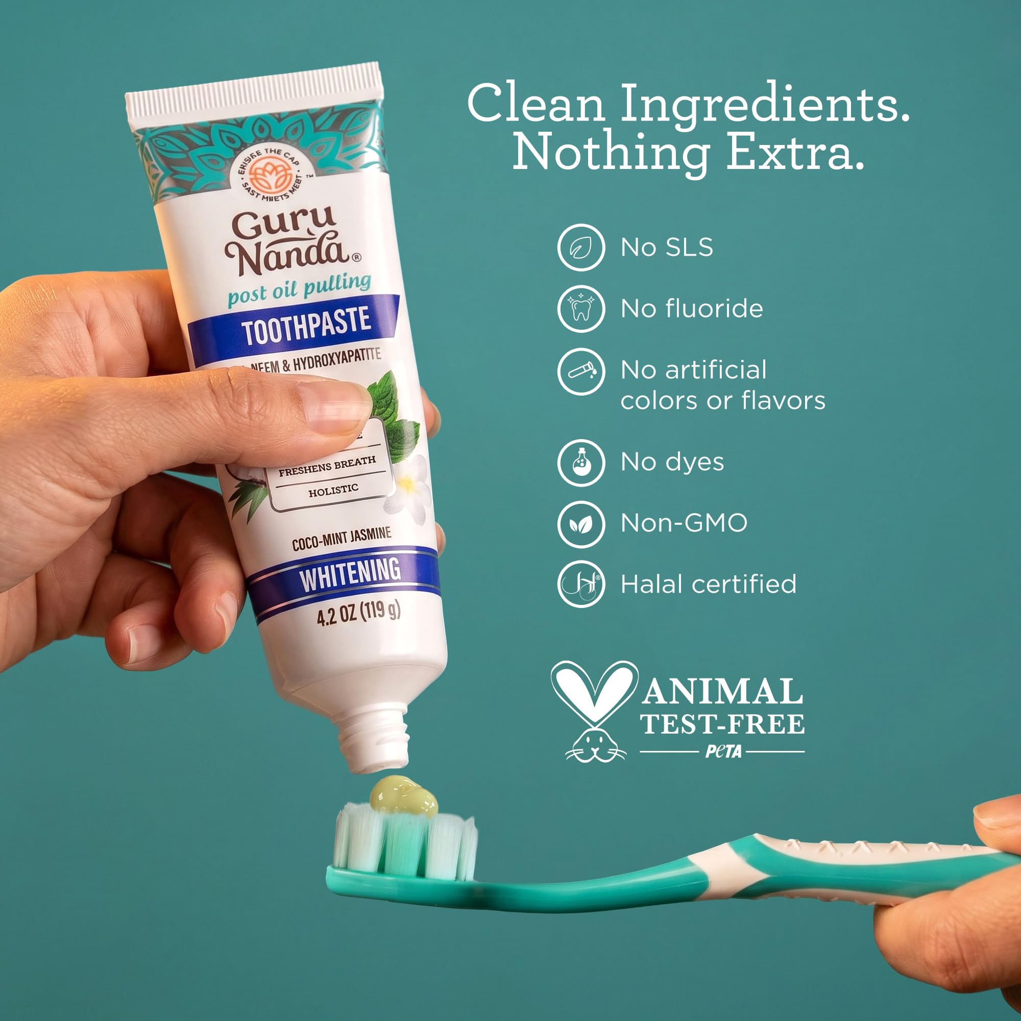 GuruNanda tube label close-up, shows ingredient list and clean-label confidence