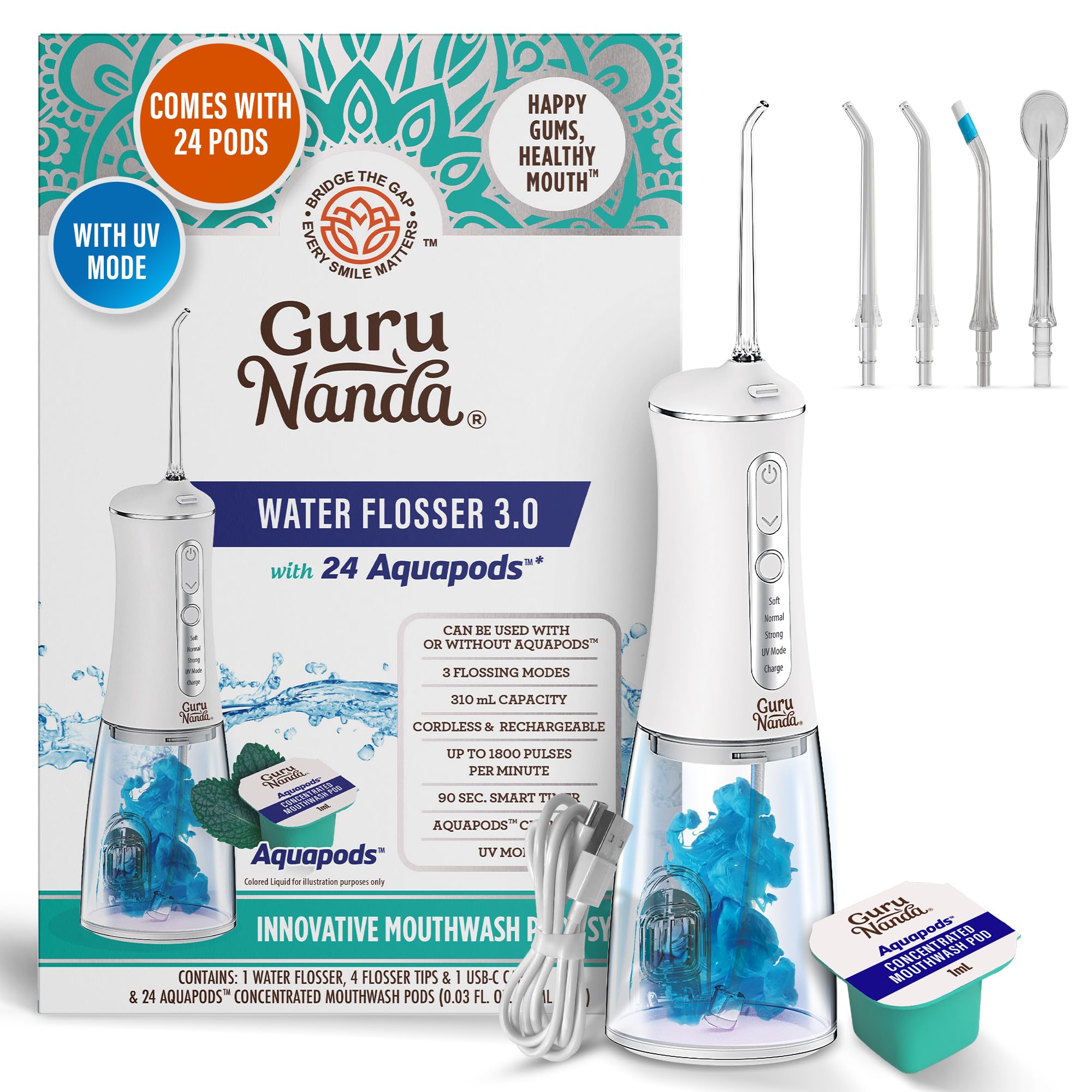 GuruNanda water flosser front view showing controls and compact design for easy storage