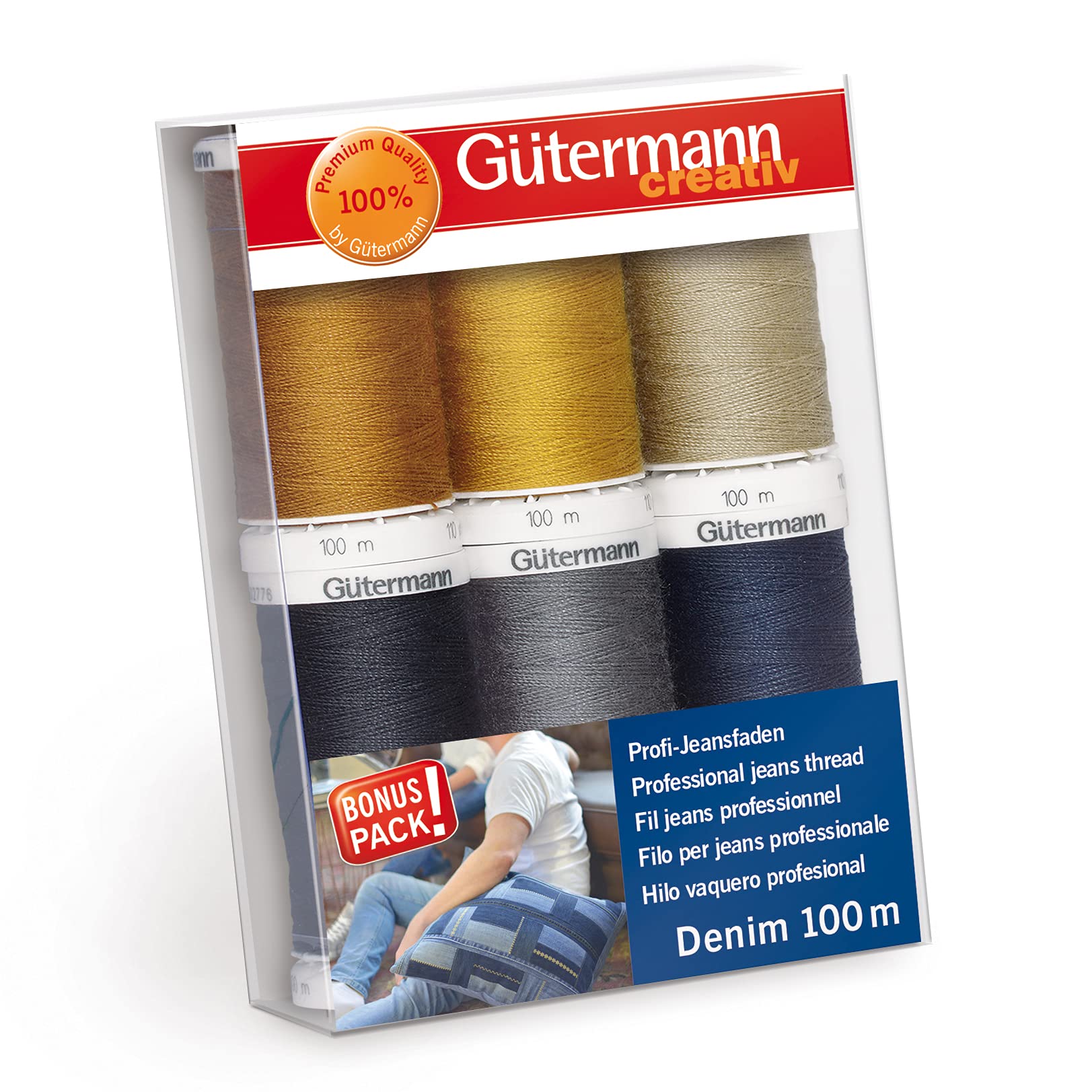 Gütermann spools front view showing multicolour denim thread for durable stitching