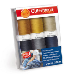 Gütermann spools front view showing multicolour denim thread for durable stitching