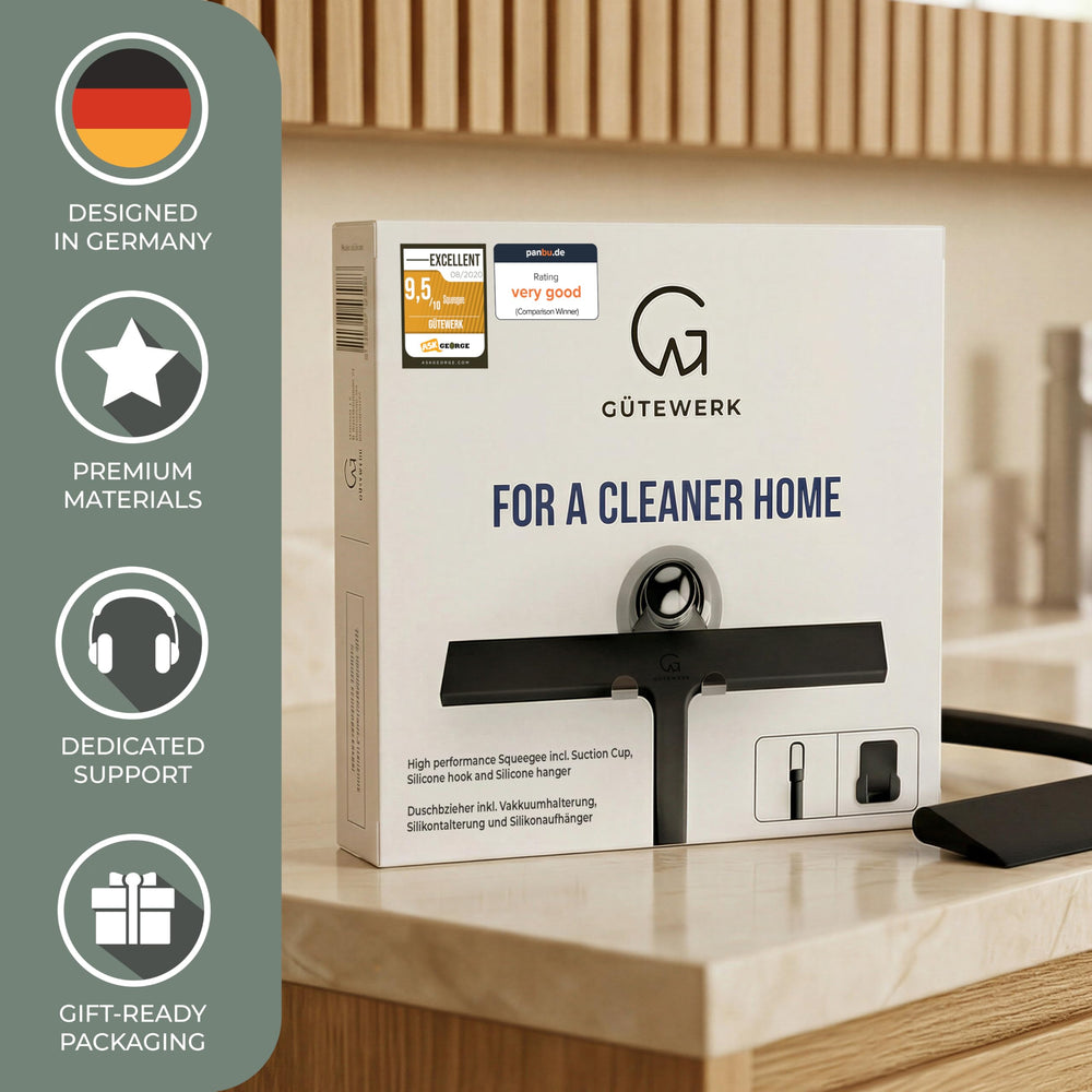 GÜTEWERK in use on shower glass demonstrating quick water removal