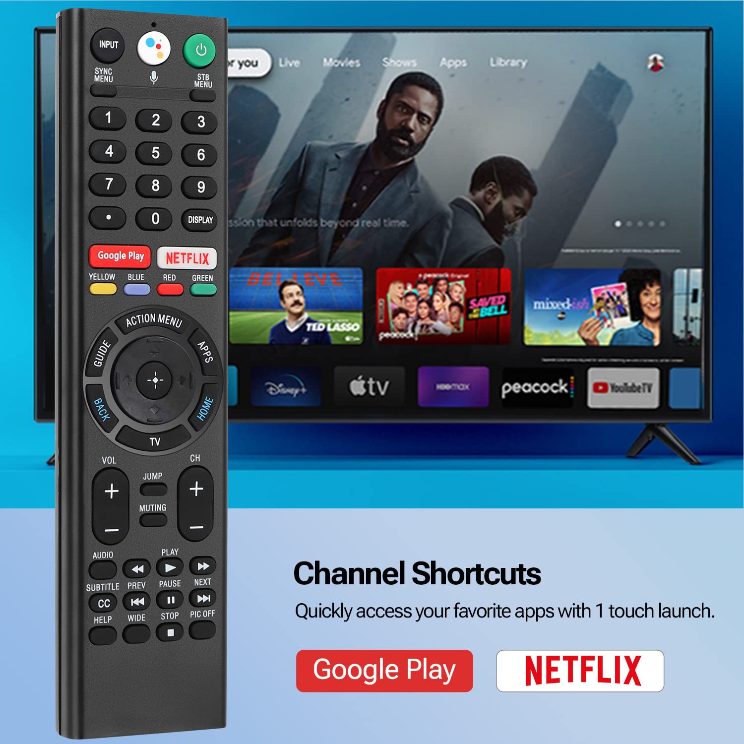 Gvirtue remote shortcut buttons closeup highlighting Netflix and Google Play quick access benefit