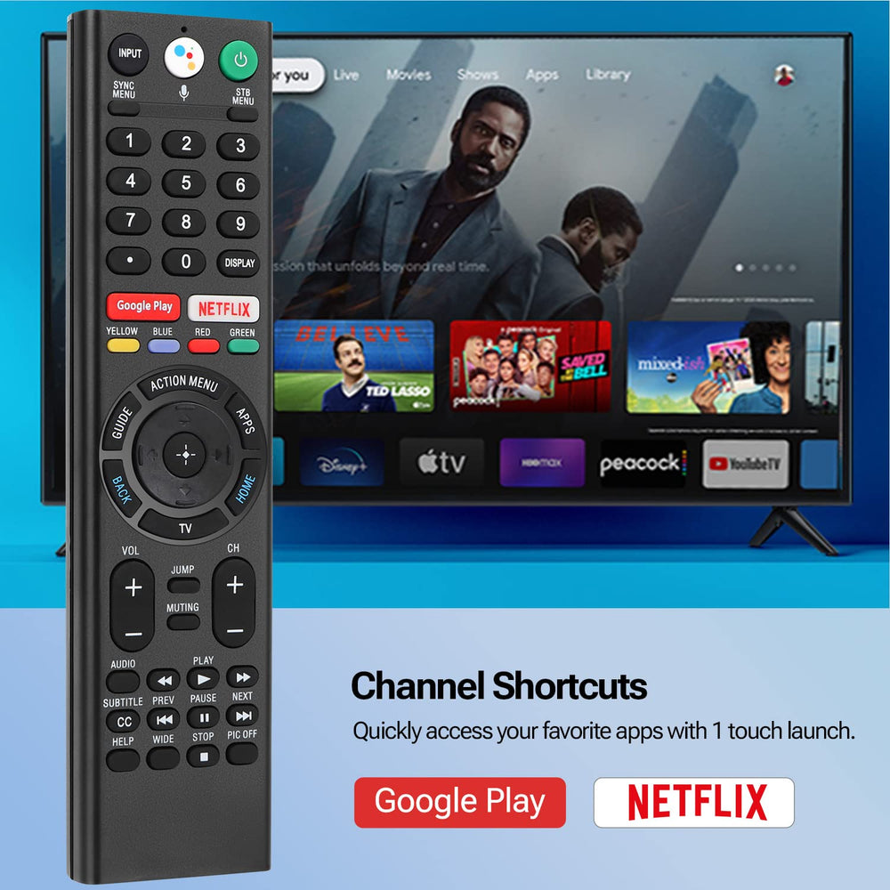 Gvirtue remote shortcut buttons closeup highlighting Netflix and Google Play quick access benefit