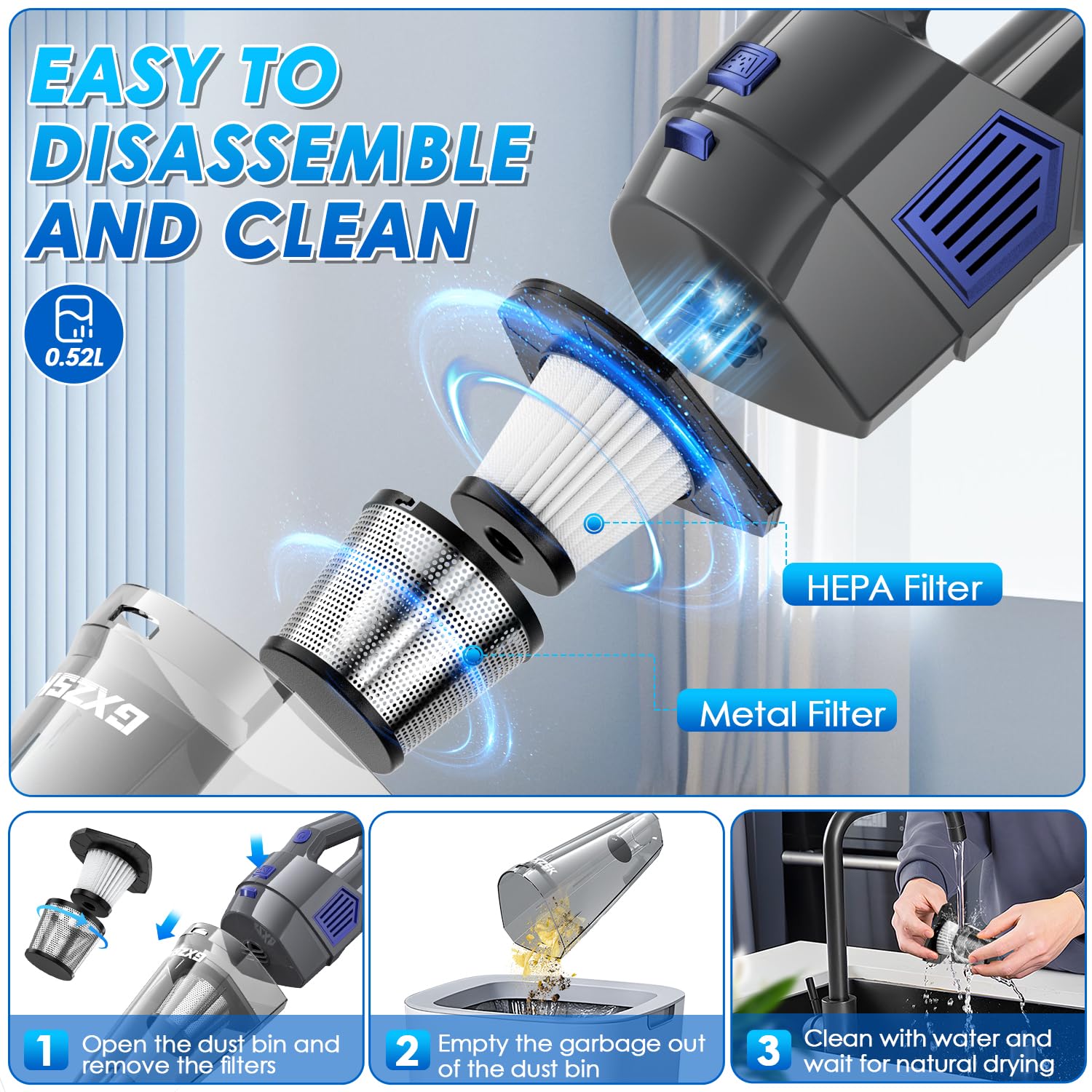 Gxzsk 520mL dust cup being emptied for easy maintenance and no-mess disposal