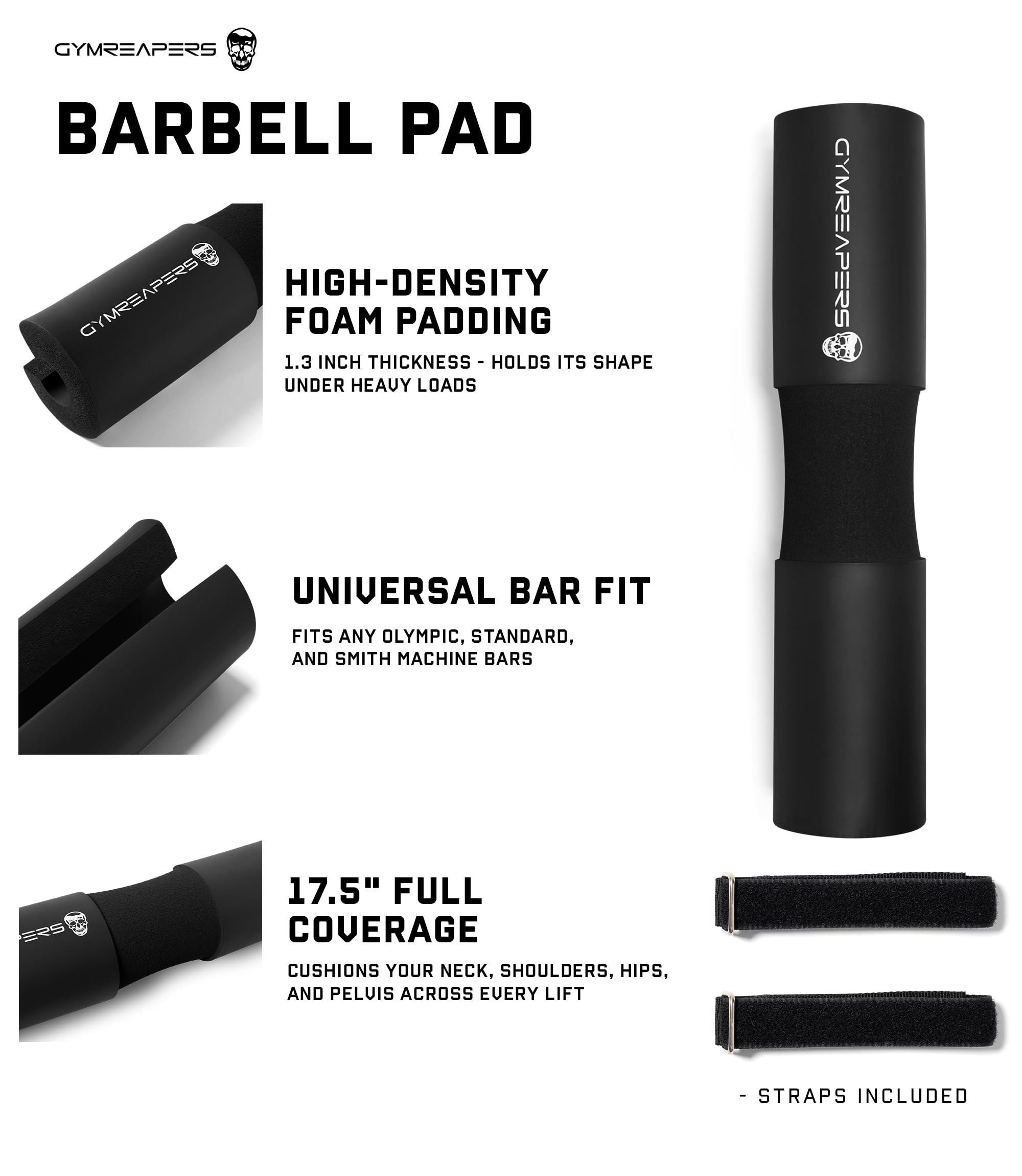 Gymreapers pad slid onto barbell in gym to improve comfort and stability