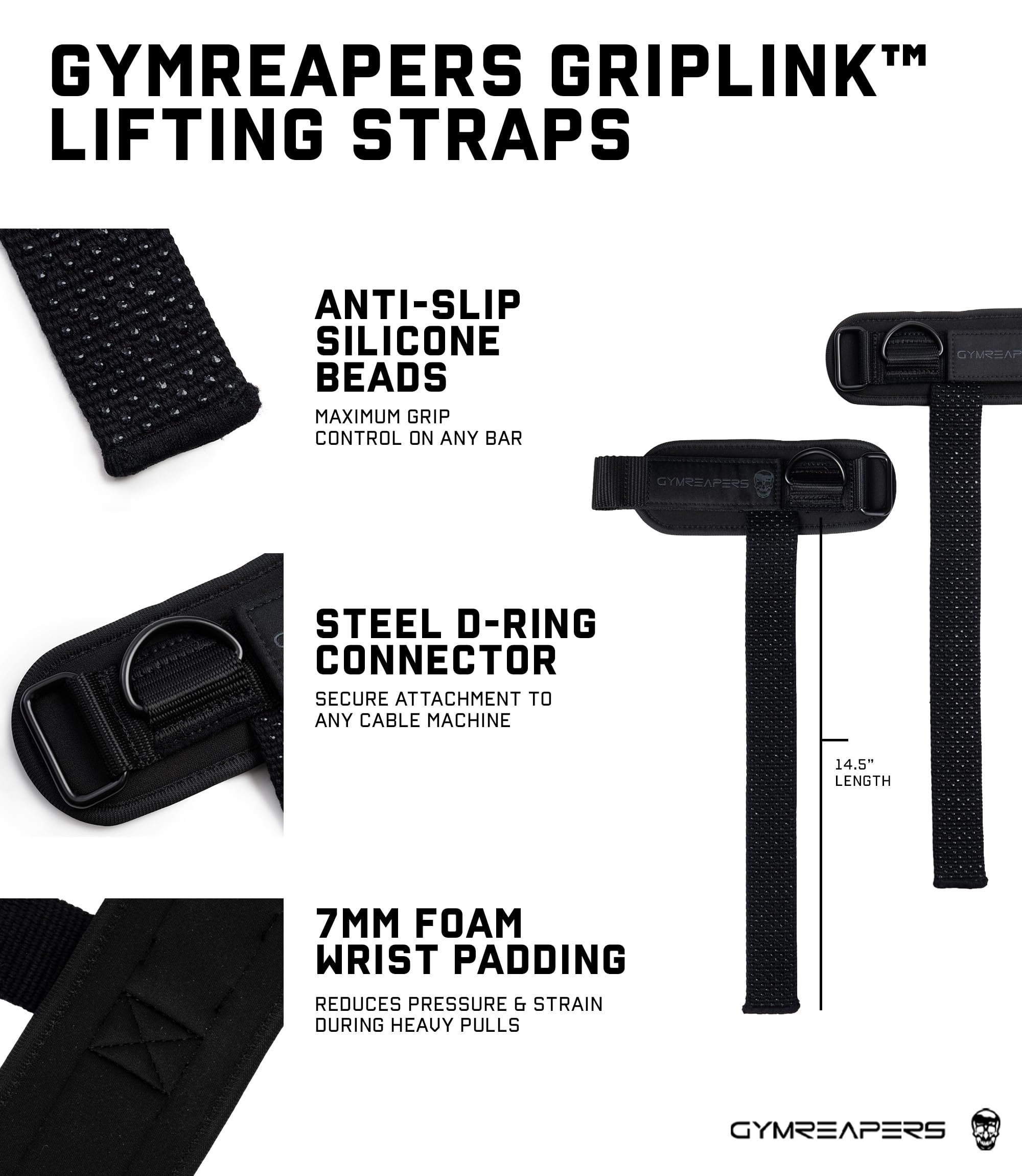 Gymreapers strap next to ruler showing length, clear size and fit benefit
