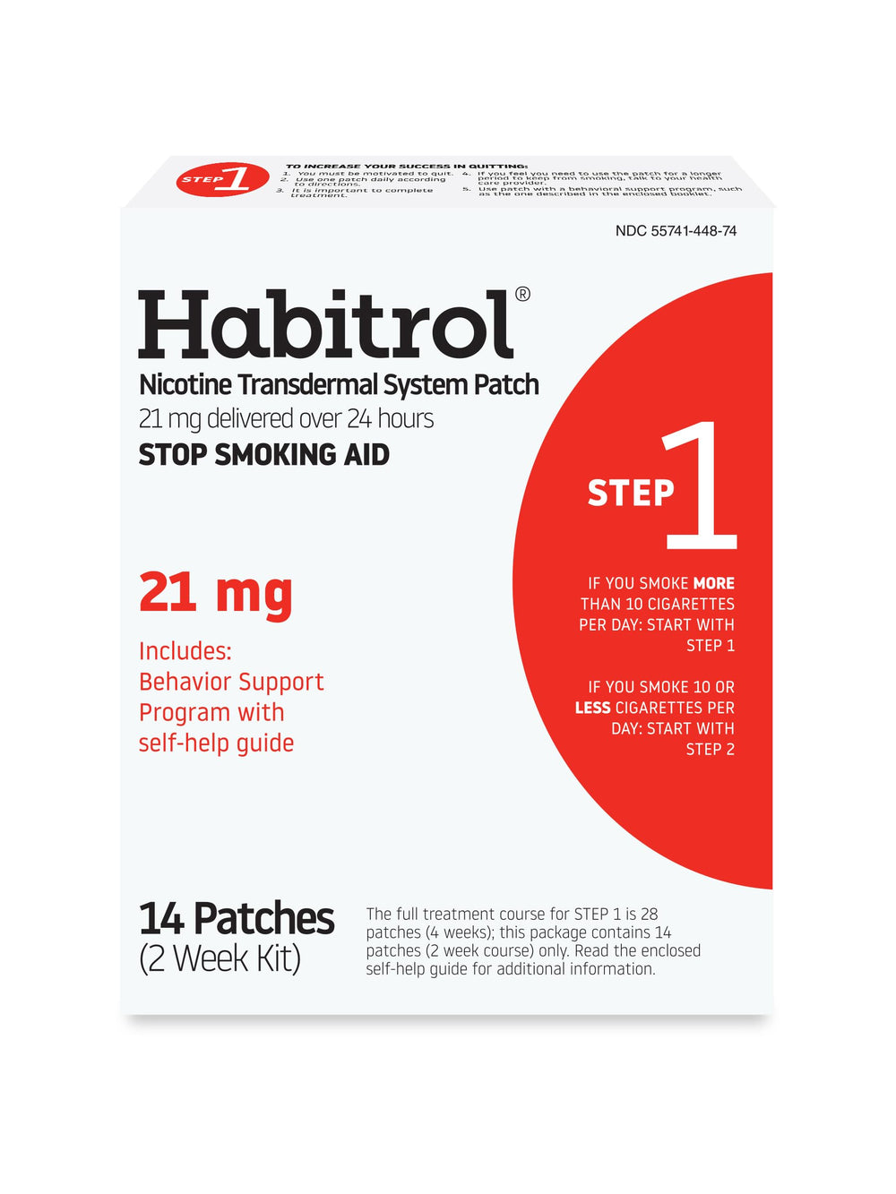 Habitrol front packaging showing step 1 21 mg patches and program benefits